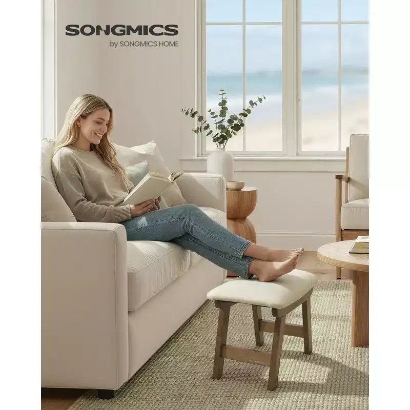 SONGMICS Foot Stool Ottoman, Padded Foot Rest Vanity Stool Under Desk with Solid Wood Frame