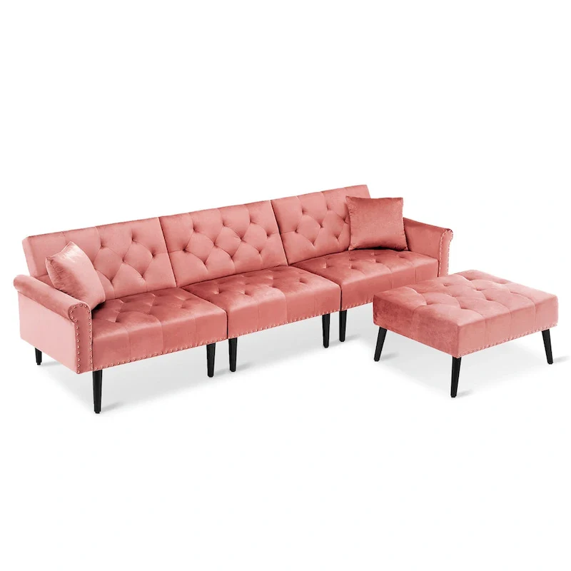 Convertible Velvet Sofa Couch, Sectional Sofa with Ottoman, Mid-Century Futon Sofa Bed - 32D x 100.7W x 29.9H
