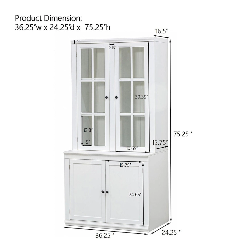 75.25 Tall Display Cabinet with Double Glass Doors, Traditional Style China Cabinet Hutch Cabinet