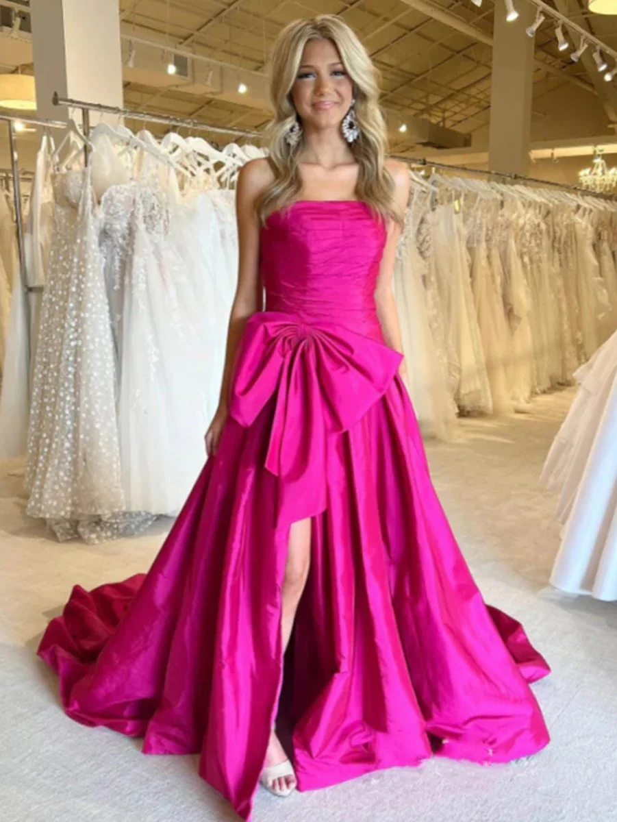 A-line Strapless Taffeta Long Prom Dress With Slit