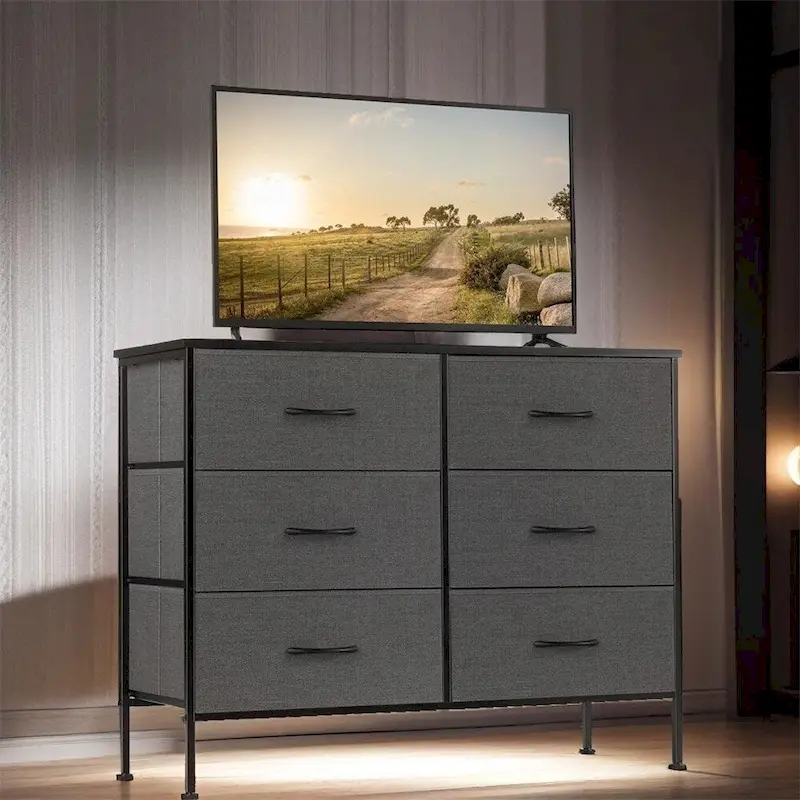 6 Drawers Dresser Chest with Metal Frame and Wooden Top