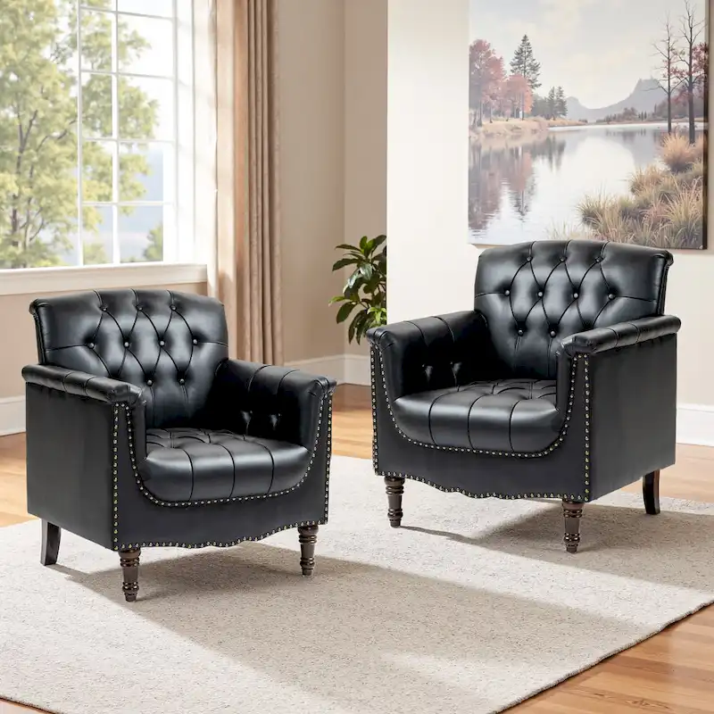 Tufted Vegan Leather Accent Chairs Set of 2, Armchair with Nailhead Trim