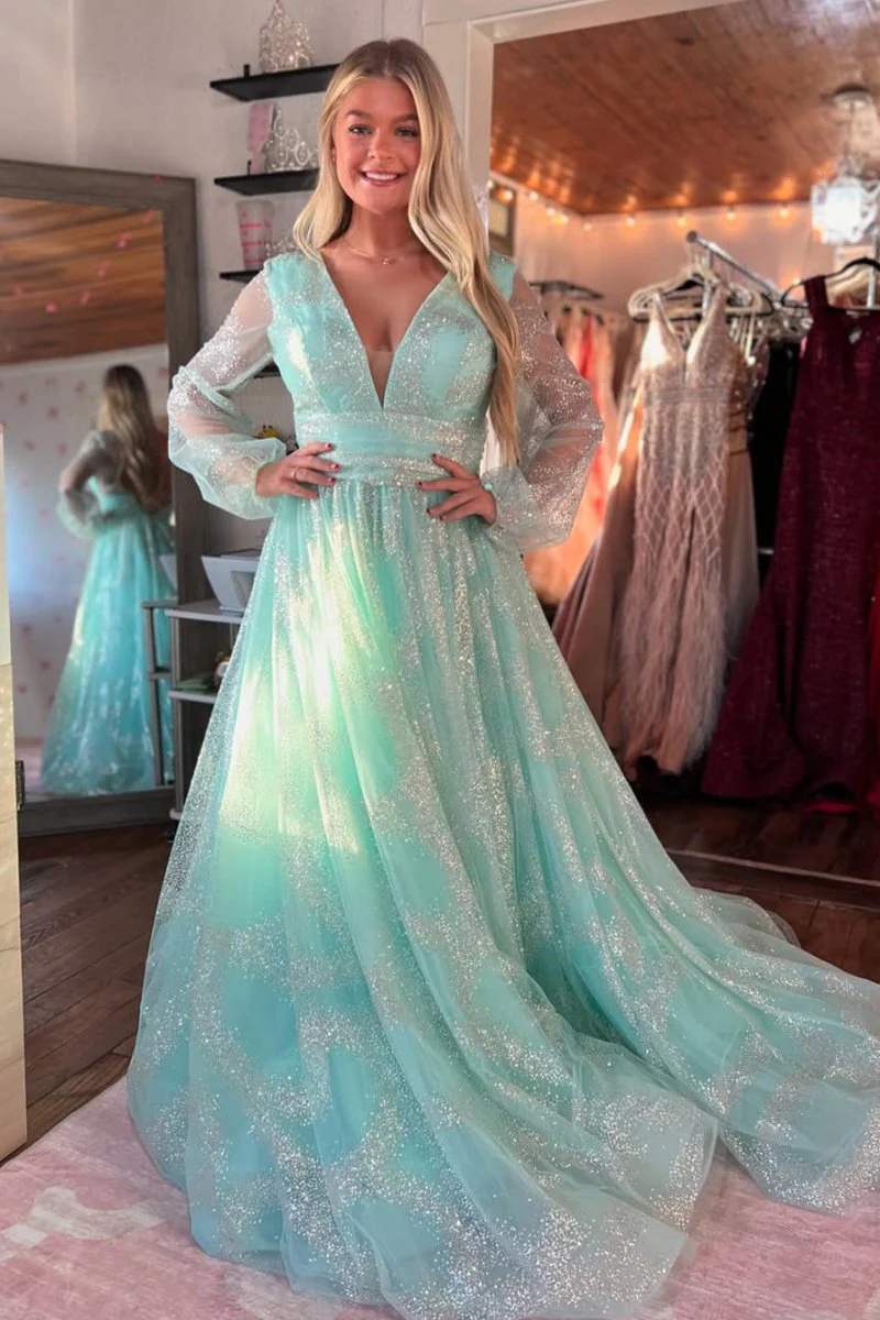 Dusty Sage Plunging V Neck Illusion Sleeves Beaded Long Prom Dress