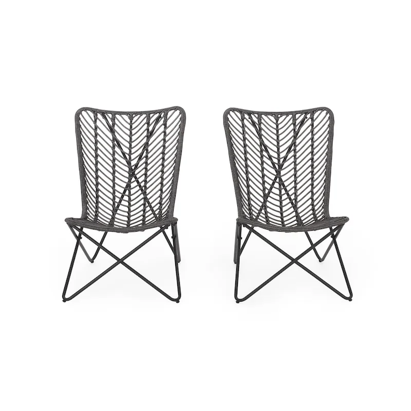 Lymi Outdoor Accent Chair Set of 2, Rattan Woven, Gray Geometric Base