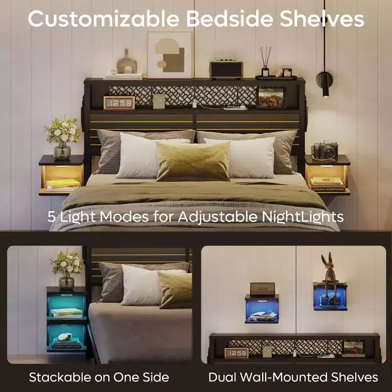 Bestier Bed Frame with Storage Headboard, Metal Platform Bed with Power Outlet & Beside Shelves, Mattress Foundation with Steel Slat Support