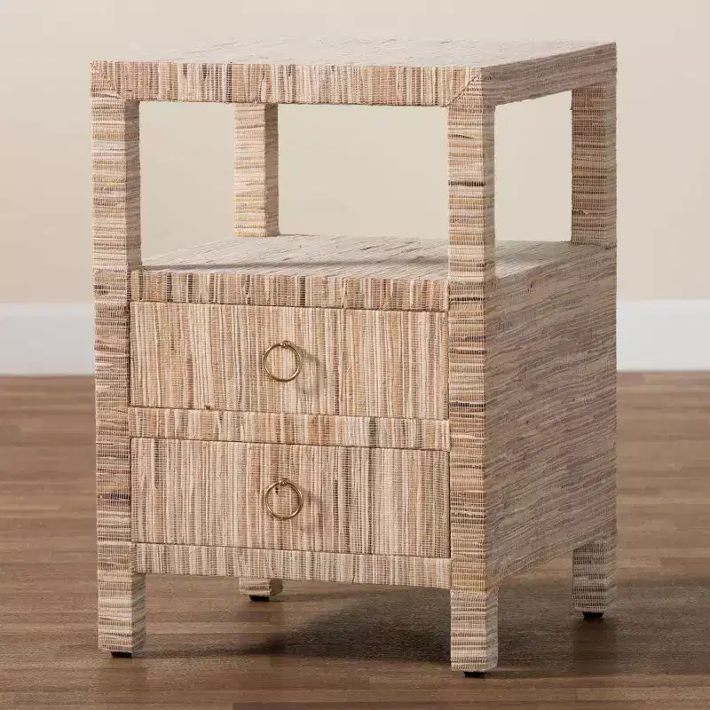 Natural Woven Grasscloth 2-Drawer Nightstand, 1-Person