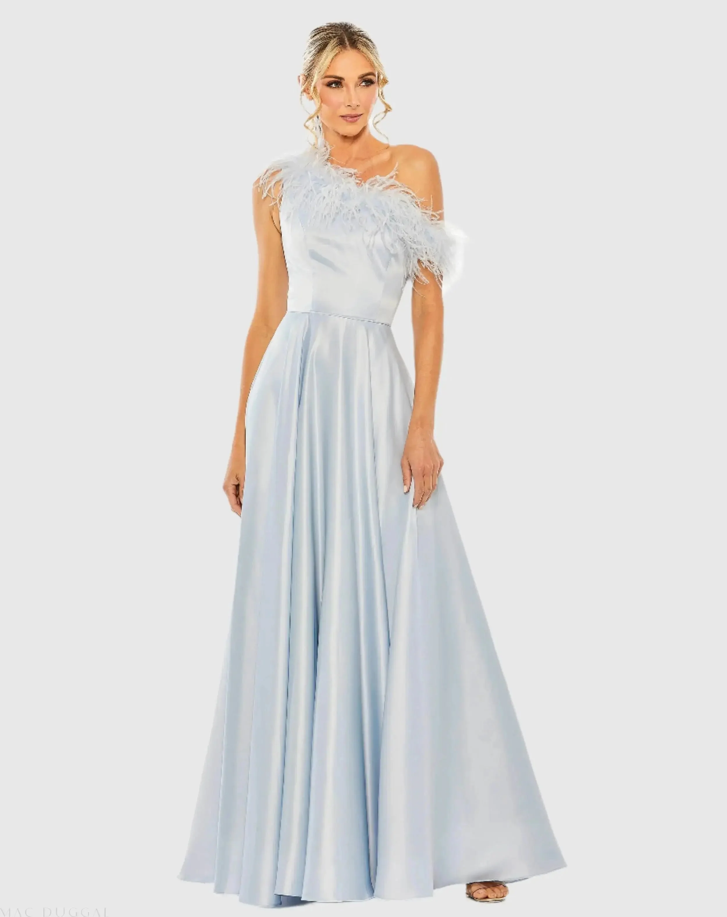 Blue One Shoulder A Line Gown With Feather Detail