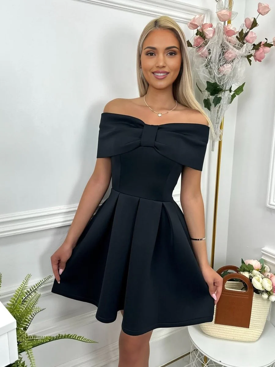 Black - Off The Shoulder A Line Satin Short Homecoming Dress With Bow
