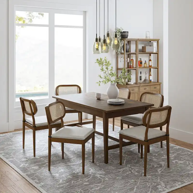 Modern Solid Wood Dining Chair with Rattan Back and Removable Cushion, Set of 6