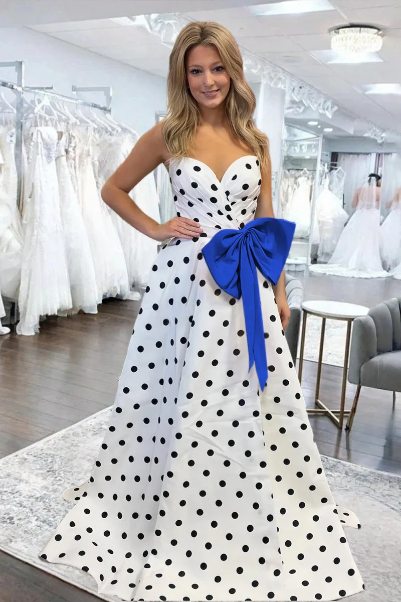 Fuchsia Strapless A Line Polka Dots Satin Long Prom Dresses With Bow