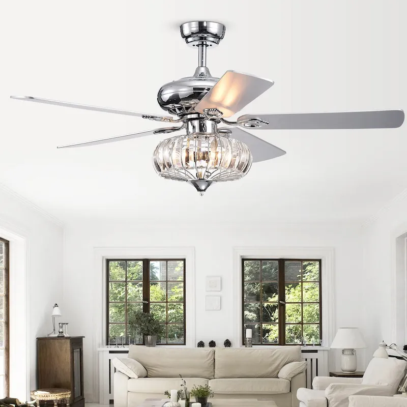 Kyana DeBase 52-Inch 5-Blade Chrome Lighted Ceiling Fans with Crystal Bowl Shade (Optional Remote Control)