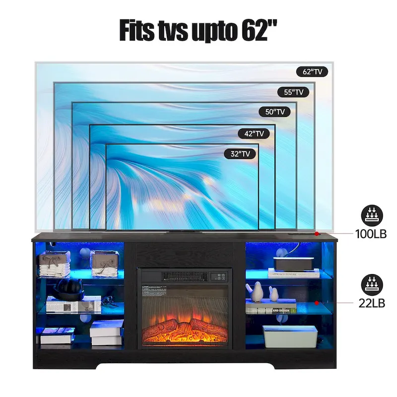 58W Fireplace TV Stand with 18 Fireplace, LED Light, USB Outlet - 58W*15.5D*24.4H