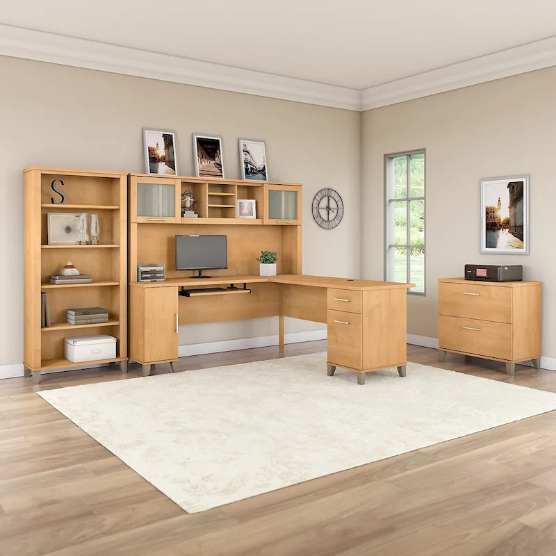 Somerset 72W L Shaped Desk with Hutch, Cabinet and Bookcase in Gray