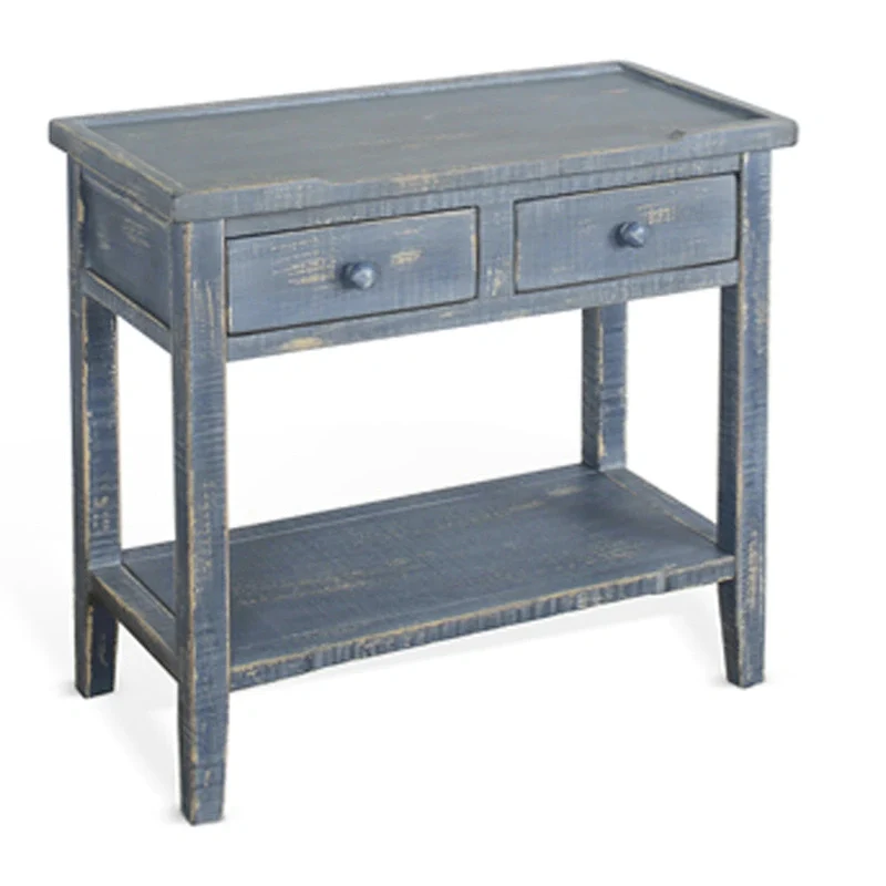 Rena Side End Table, 2 Drawers 1 Shelf, 28 Inch Rustic Blue Mahogany
