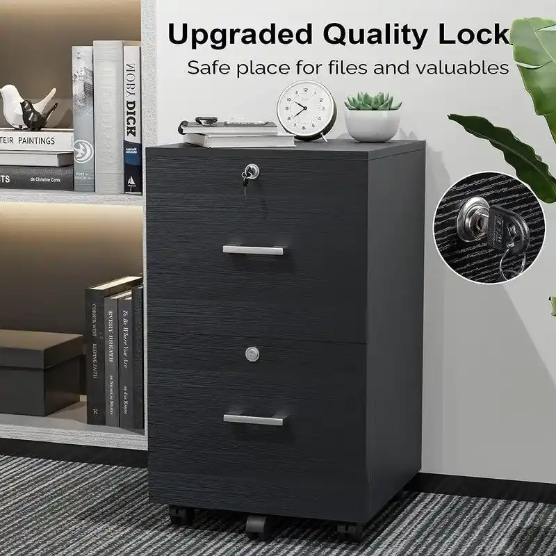 2-Drawer Rolling Wood File Cabinet with Lock