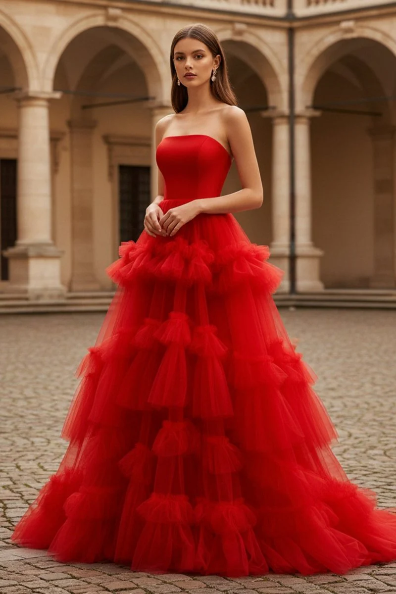 Red A-Line Strapless Ruffled Tulle Evening Dress