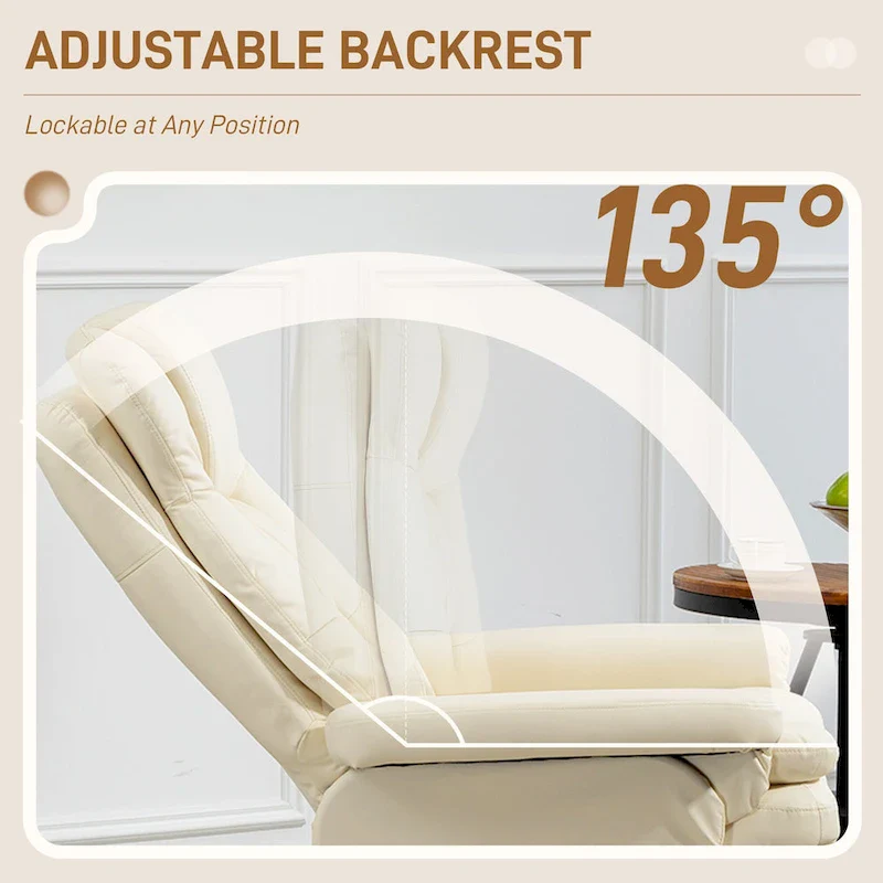 Adjustable PU Leather Lounge Chair Swivel Recliner Chair Padded High Back Armchair with Ottoman and Wood Base