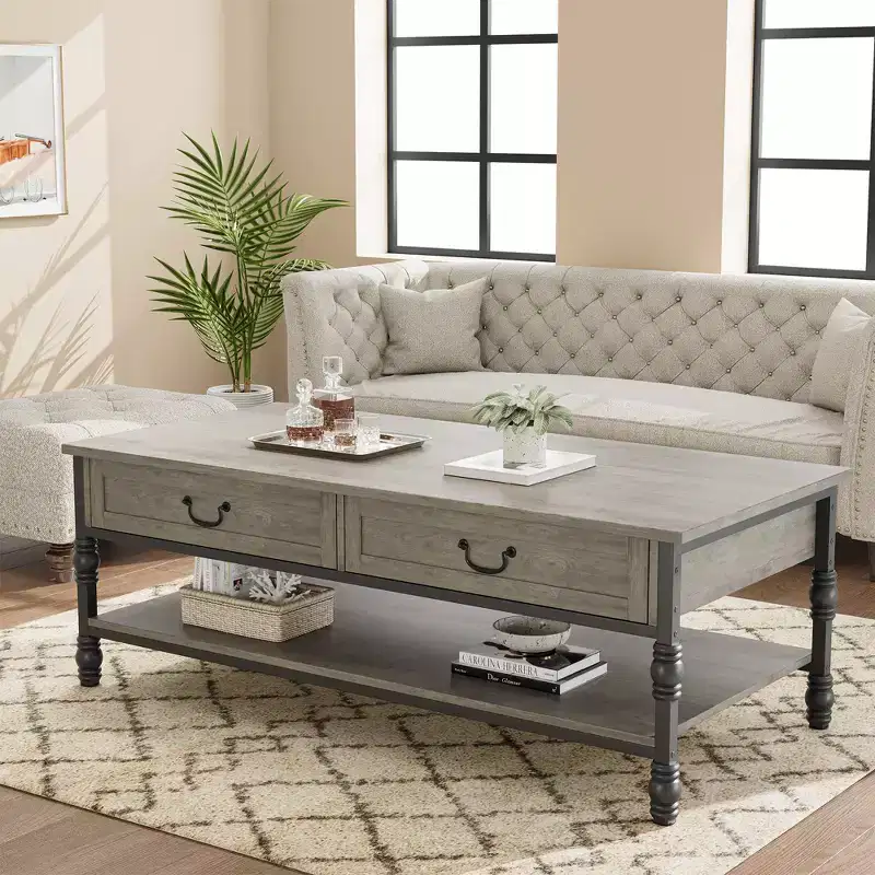 41 inch Coffee Table with 2 Drawers & Open Shelf, Vintage Farmhouse Rectangle Center Table with Storage for Living Room, Easy Assembly & Cleaning