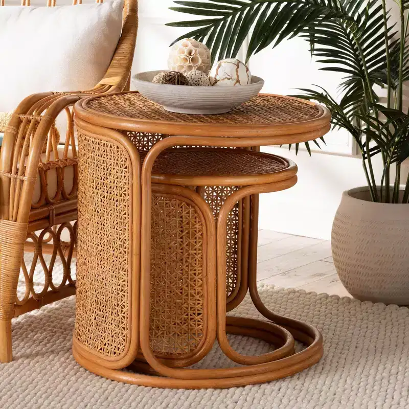 bali & pari 2pc Eldon Rattan Nesting End Table Set Light Honey