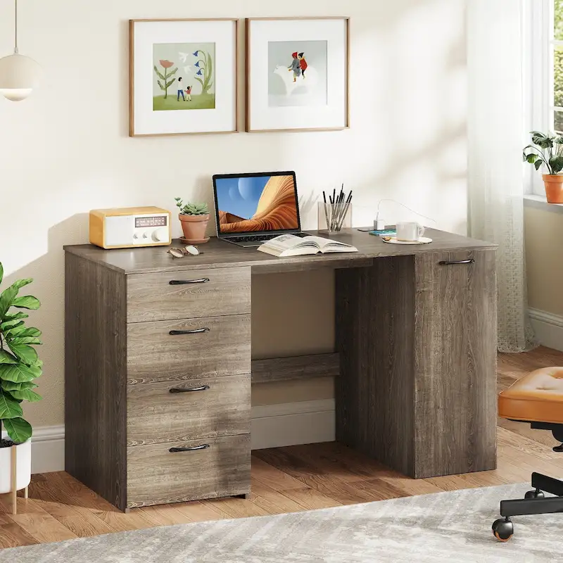 Home Office Desk 53 Inch with USB Ports Outlets and Storage Drawers