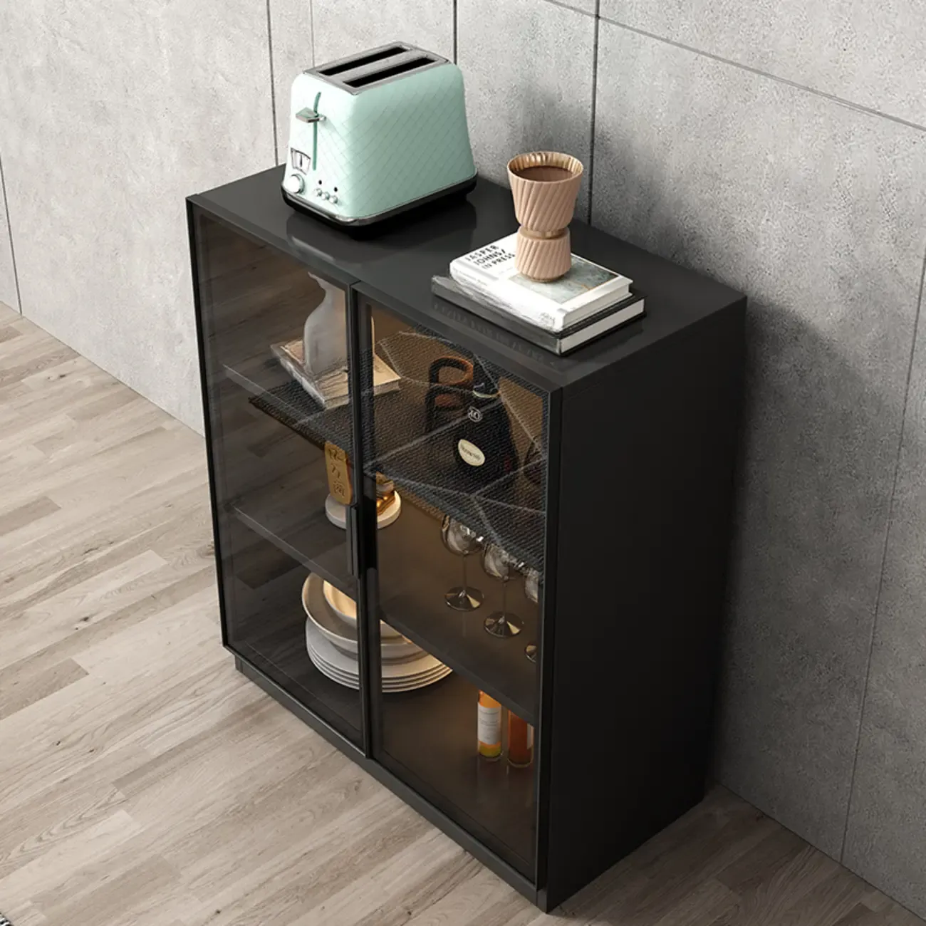 Large 3 Shelves Glass Wood Black Sideboard with LED Light