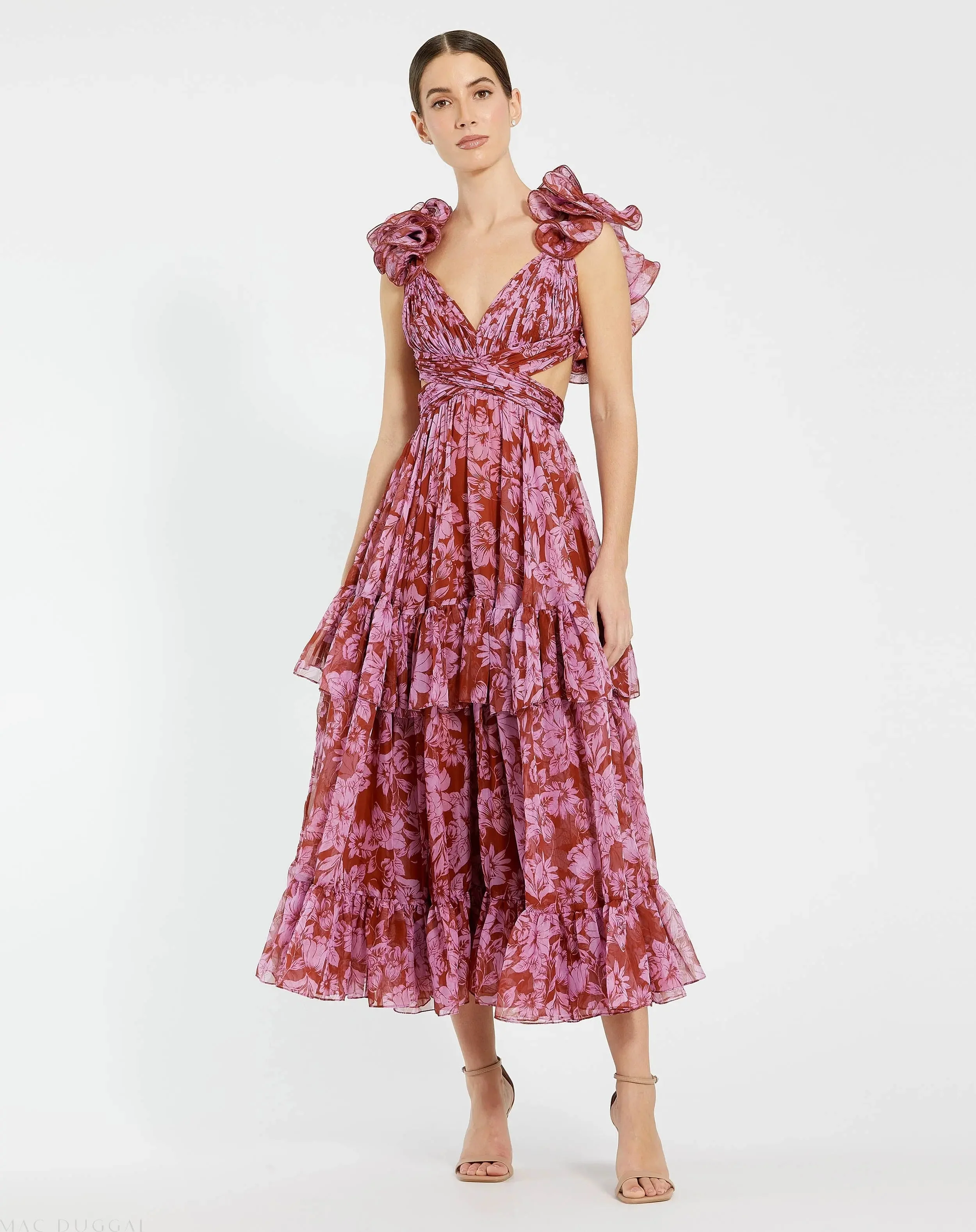 Red and Pink Ruffle Tiered Cut-Out Chiffon Midi Dress