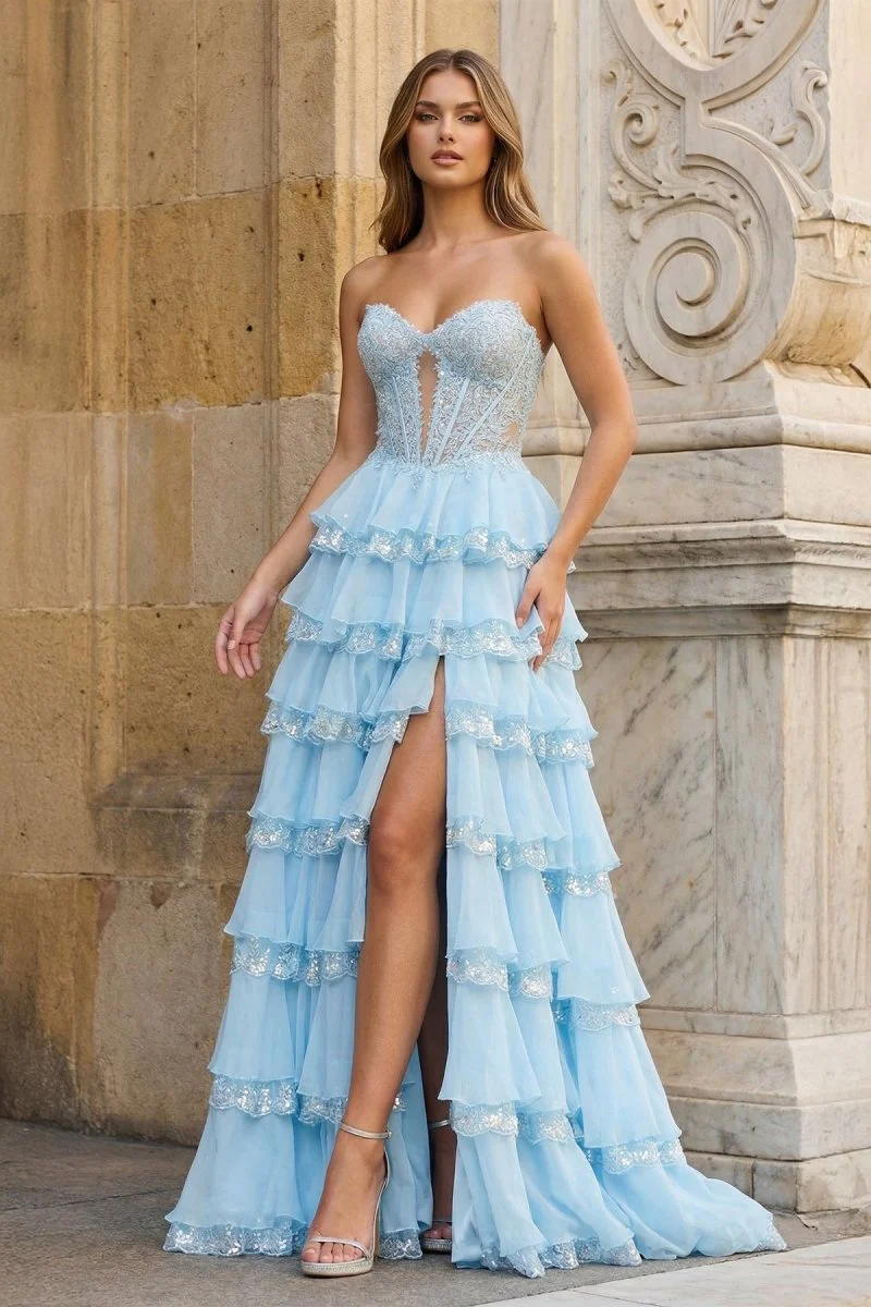 Sky Blue Sweetheart A Line Sequined Lace Ruffled Long Prom Dresses With Appliques