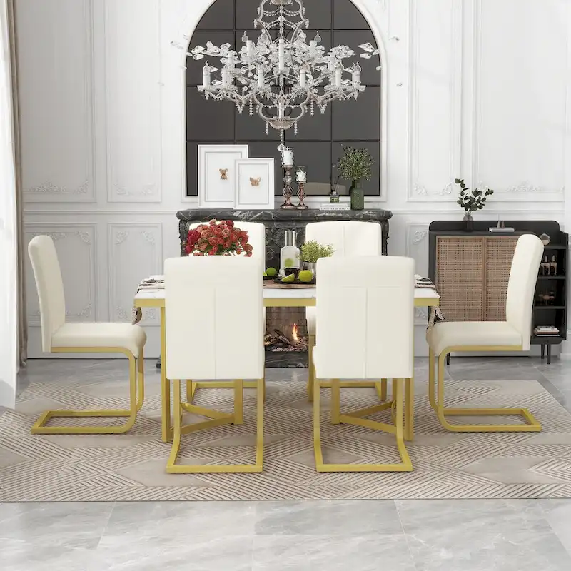 7-Piece Modern Dining Table Set, Rectangular Marble Sticker Table and 6 Chairs with Golden Steel Legs