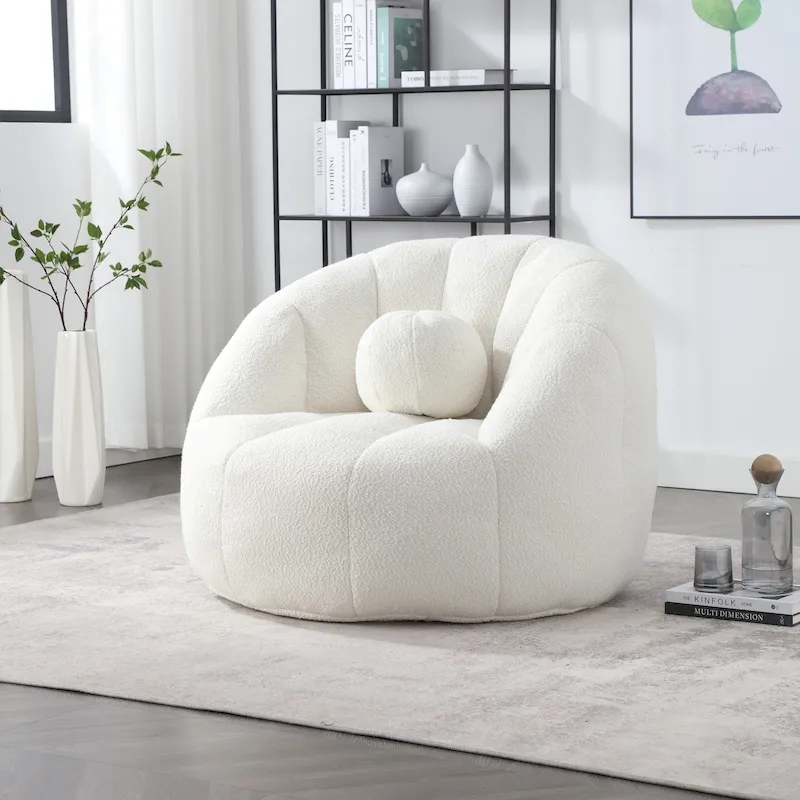 HOMEFUN Boucle Upholstered Round Lazy Cozy Bean Bag Chair With a Pillow