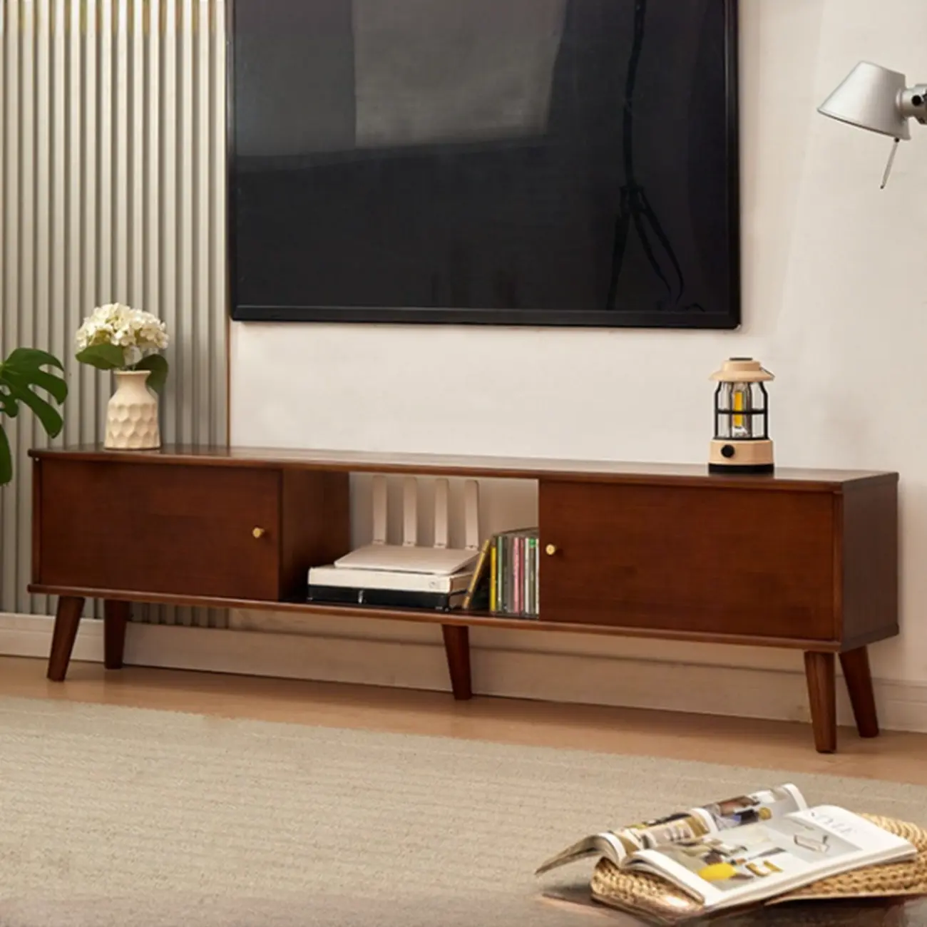 Modern Wood TV Stand with Storage, Cable Management