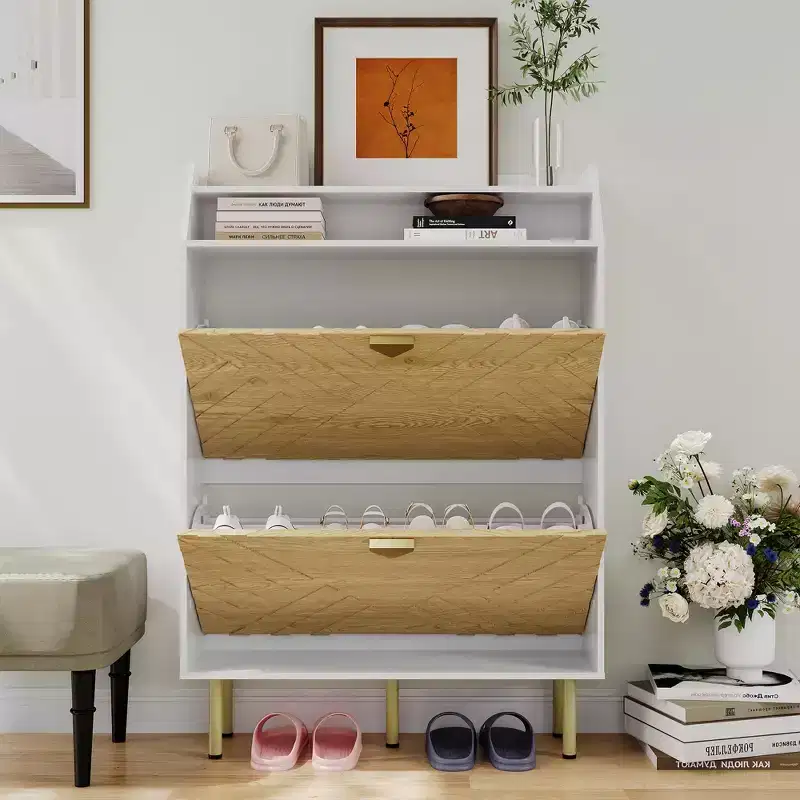 Narrow Shoe Cabinet with 2 Drawers, Slim Freestanding Shoe Storage Cabinet for Entryway, Hidden Shoe Organizer Rack with Top Shelf