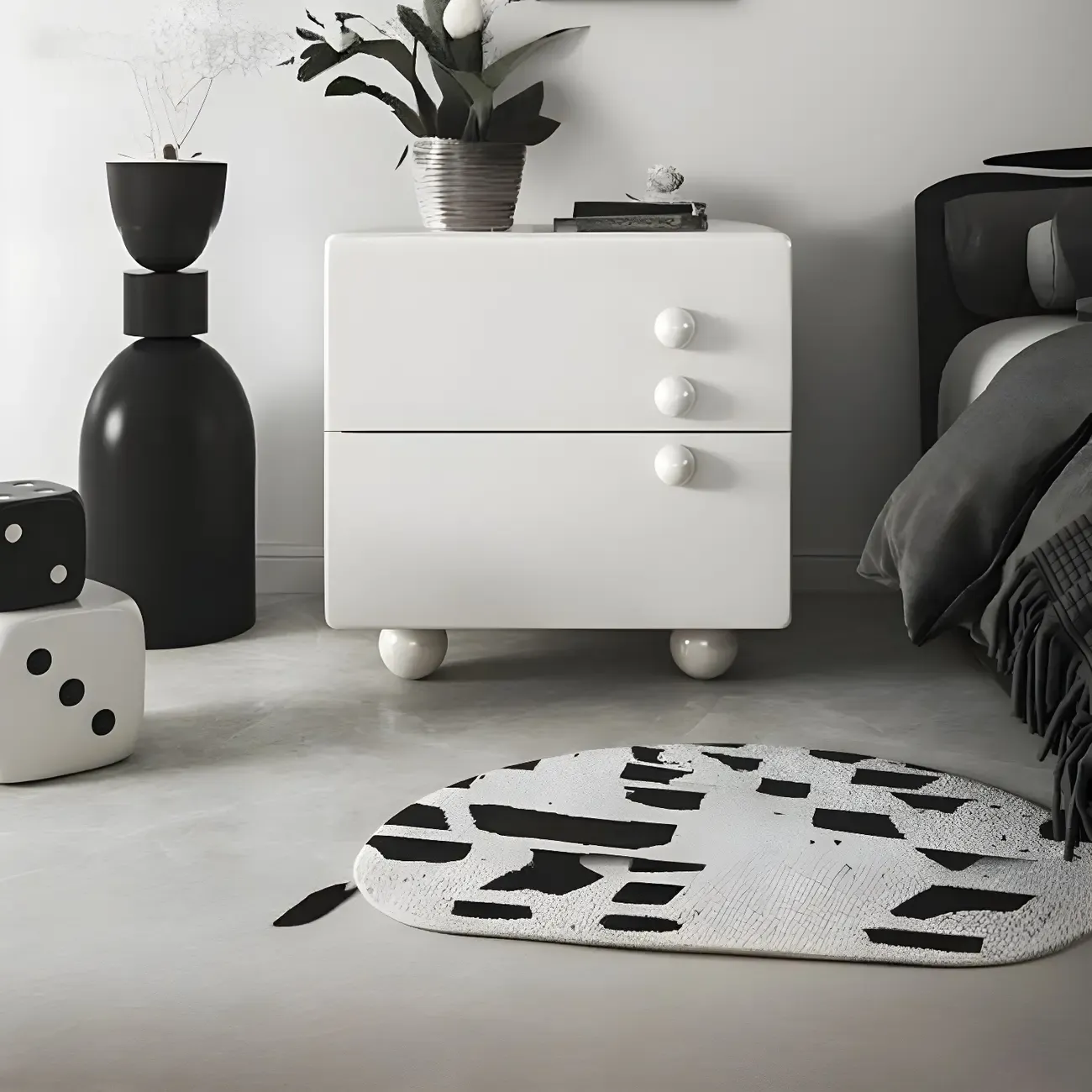 White Wood High-Gloss 2-Drawer Nightstand with Sphere Legs