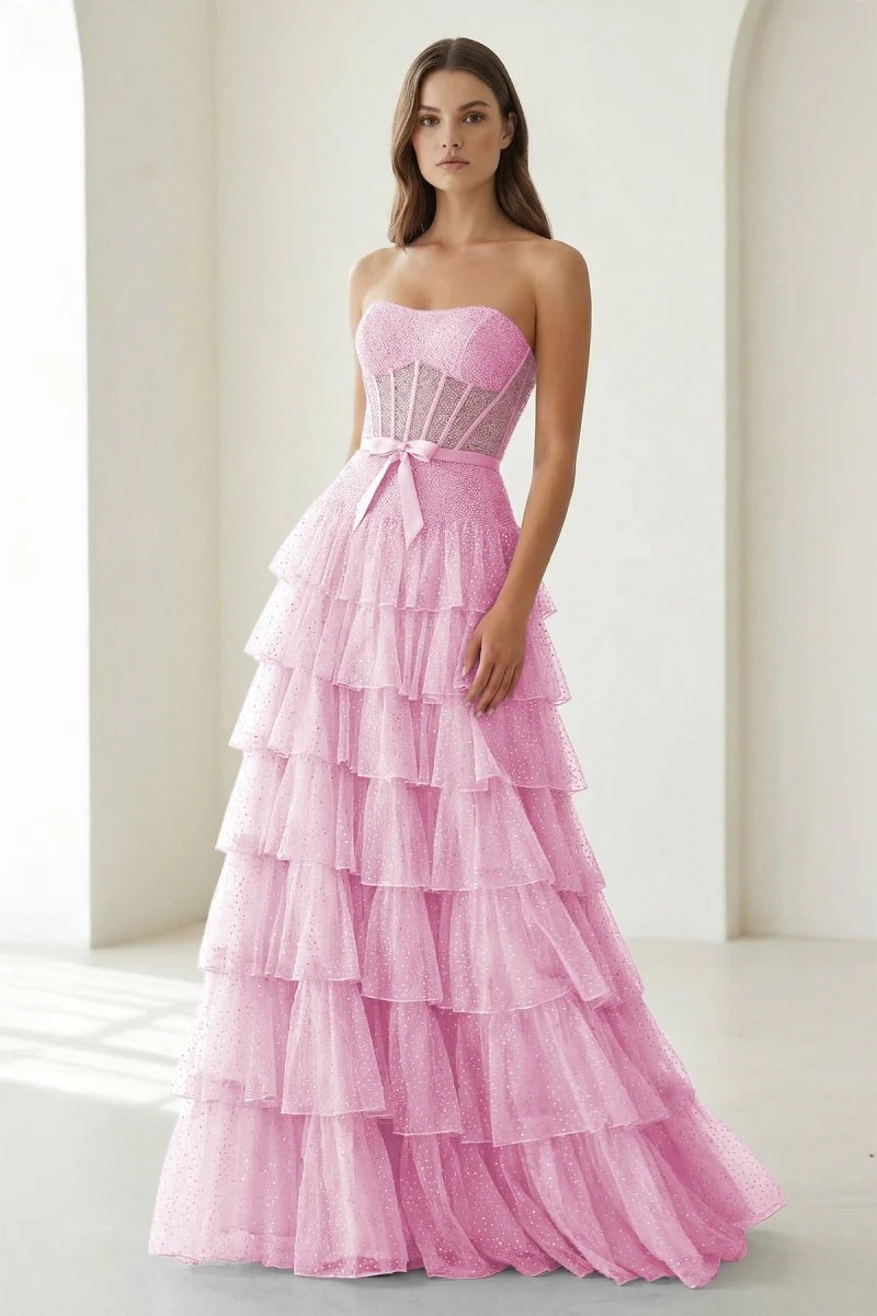 Black-White Strapless A Line Tulle Ruffled Formal Prom Dresses With Beading