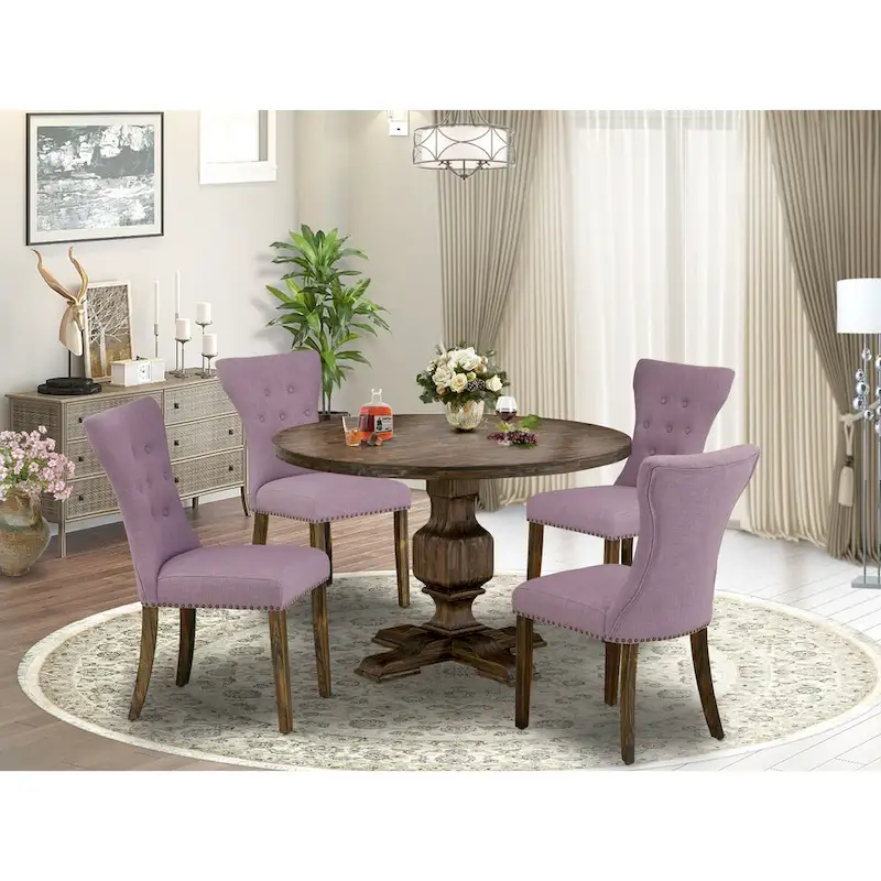 East West Furniture Dining Table Set- a Kitchen Table and Dahlia Linen Fabric Dining Chairs, Distressed Jacobean(Pieces Options)