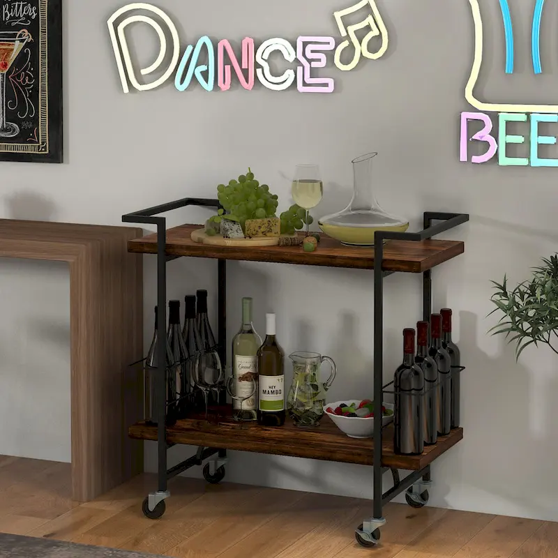 Gymax Home Bar Cart 2-tier Home Bar Cart w/ Lockable Wheels &