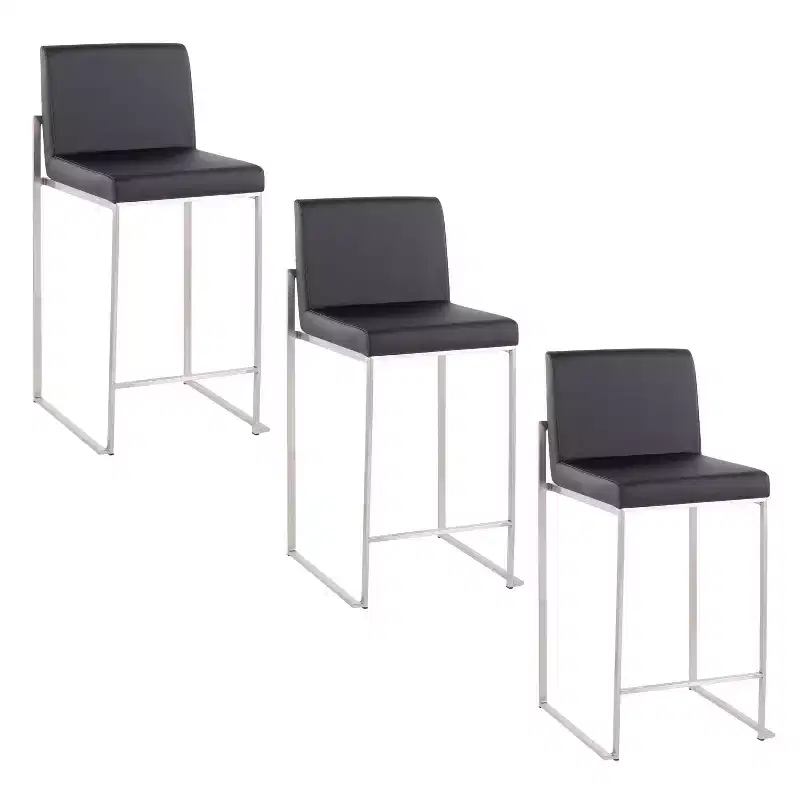 LumiSource Set of 3 Fuji High Back Counter Height Barstools Stainless Steel/Black PU