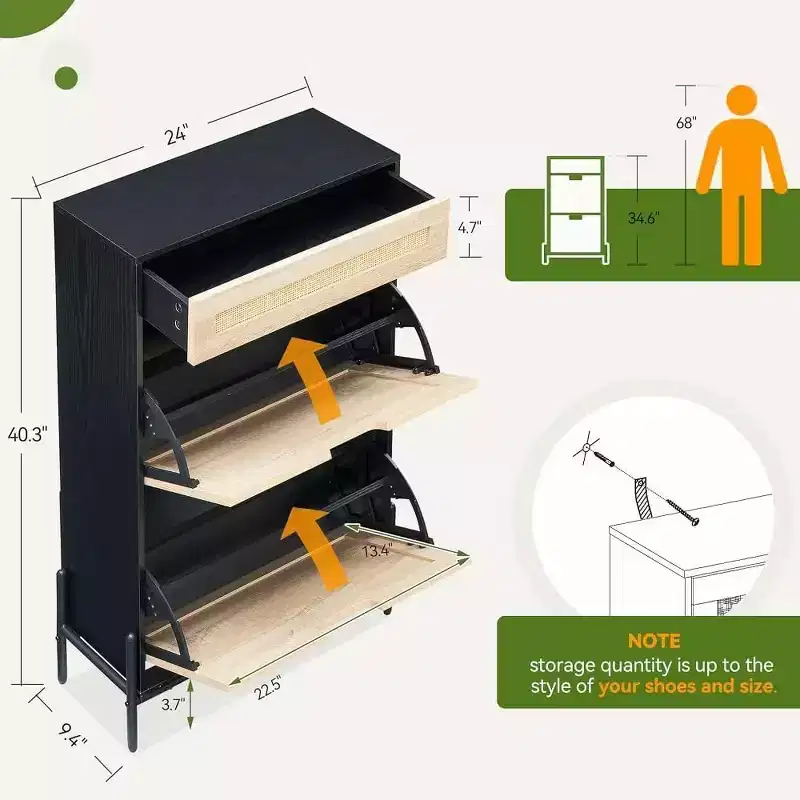 GustoWave 3-Tier Slim Rattan Shoe Storage Cabinet for Entryway Hallway Porch