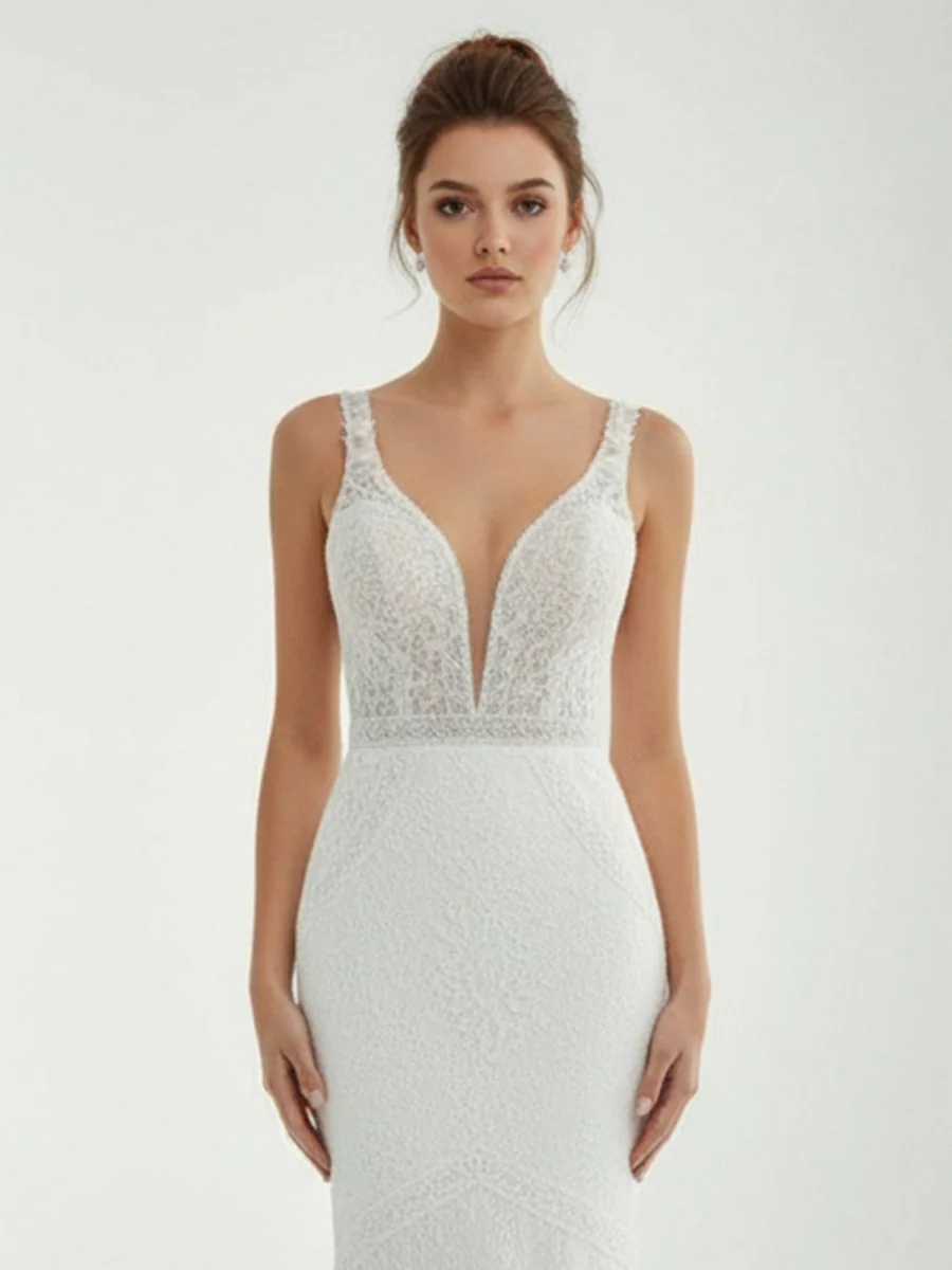Mermaid White V Neck Illusion Wedding Dress