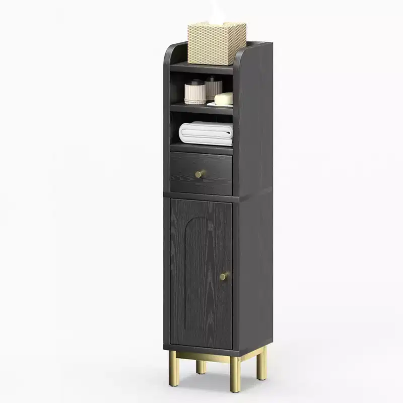 KOLIGEY Bathroom Storage Cabinet Modern Corner Floor Cabinet Small Storage Organizer Stand with Drawer and Door Adjustable Shelf Black