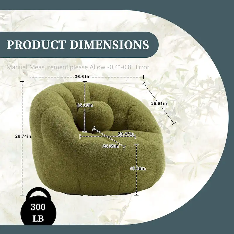 HOMEFUN Boucle Upholstered Round Lazy Cozy Bean Bag Chair With a Pillow