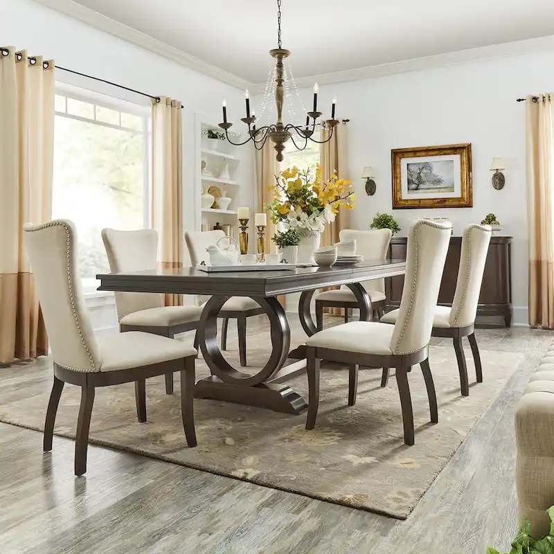 Dark Cherry Wood Extendable Rectangular Dining Table with Beige Wingback Chairs
