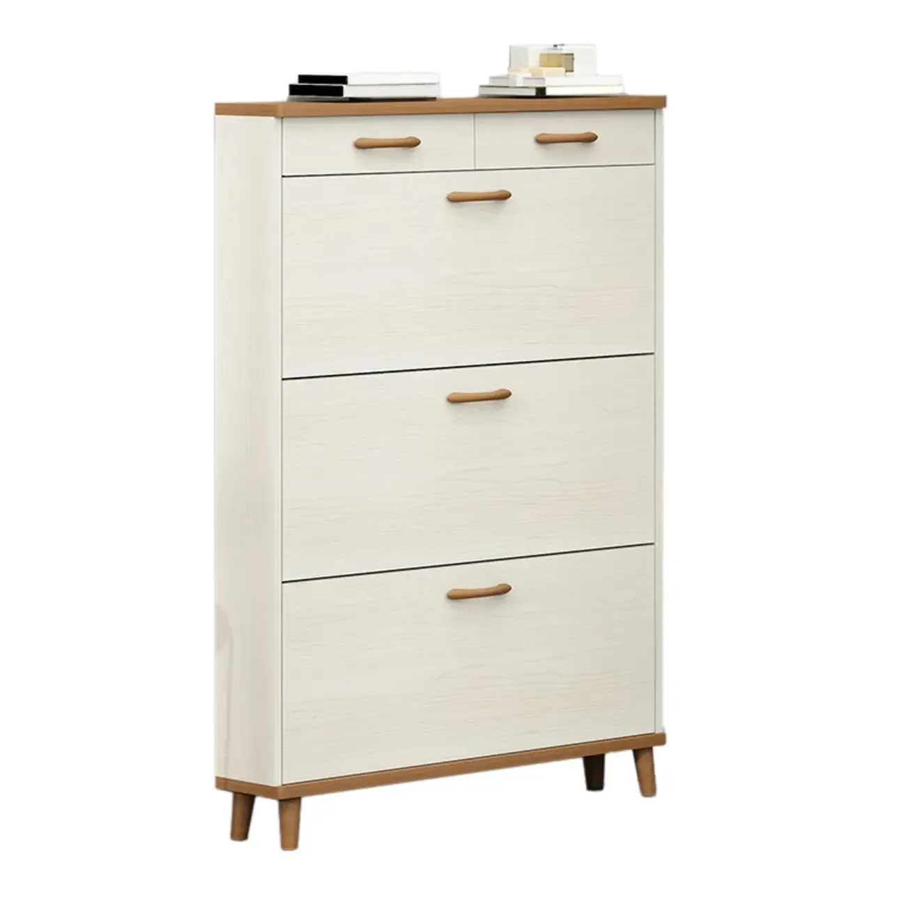 Narrow Beige Solid Wood Drop Front Shoe Cabinet