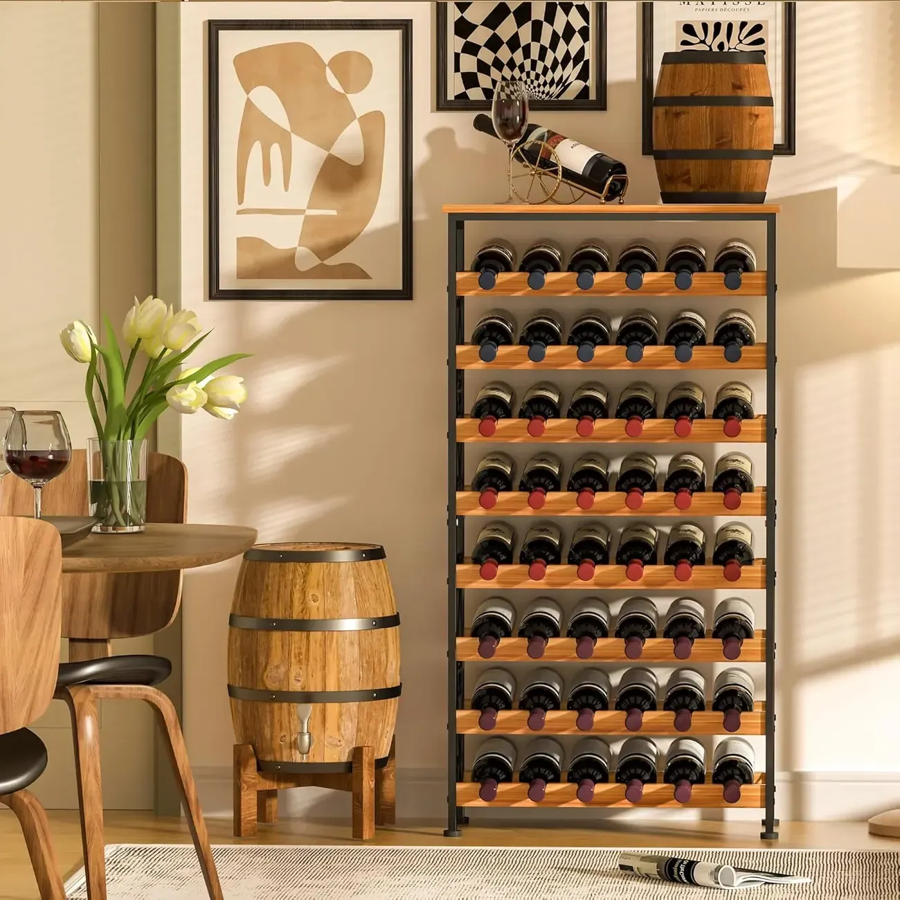 48 Bottle 8 Tier Wine Bottle Rack Freestanding Floor with Wooden Top
