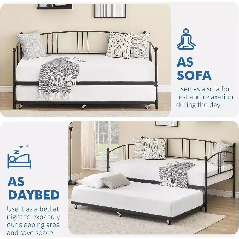 Acekool Twin Daybed with Trundle, Metal Frame Sofa Bed with Pull-Out Trundle for Living Room, Bedroom, and Guest Rooms