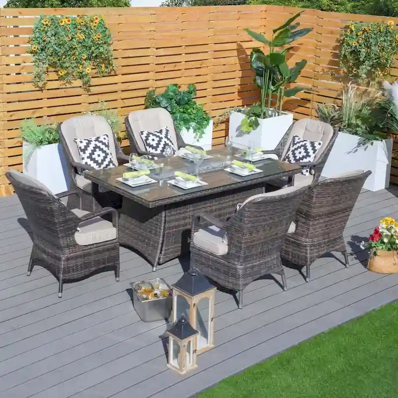 7-piece Patio Dining Set with Rectangular Firepit Table