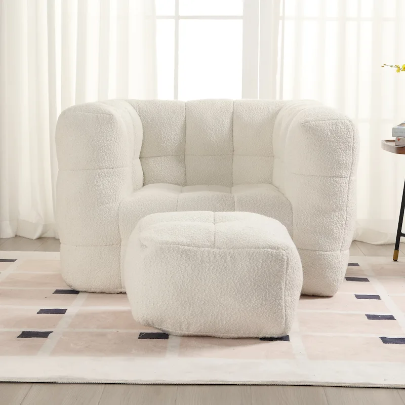 HOMEFUN Boucle Upholstered Tufted Modern Single Side Sofa Chair with Ottoman