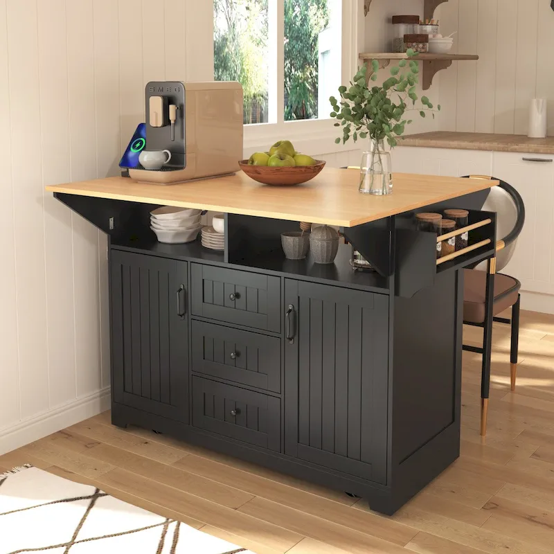 55.7Kitchen Island,2 Drop Leaf,Rolling Kitchen Cart on 5 Wheels,Power Outlet,Folding Dining Table,Spice & Towel Rack,3 Drawers