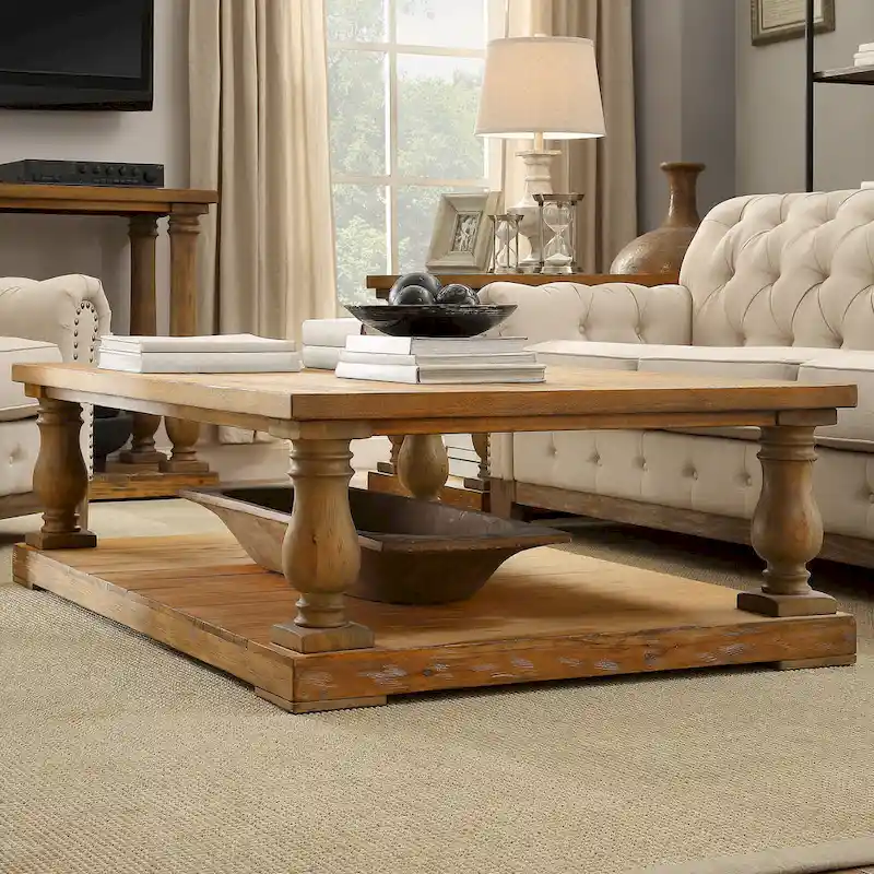 Tan 60-Inch Rustic Coffee Table with Baluster Legs