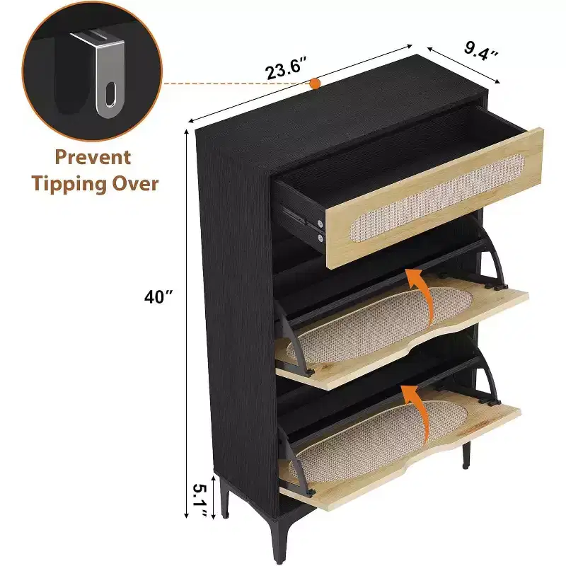 Rattan Shoe Cabinet with 2 Flip Drawers & 1 Pull-Out Drawer, 3 Adjustable Shelves, Narrow Freestanding Entryway Storage Cabinet, Wood