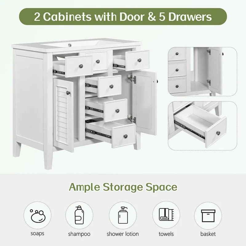 Bathroom Vanity with Ceramic Basin, Two Cabinets and Five Drawers